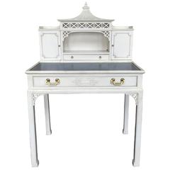 Chinese Chippendale Style Painted White Desk with Blue Leather Top