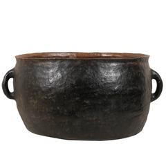 Antique Mid-19th Century Spanish Colonial Clay Pot, Two Handles and Dark Color