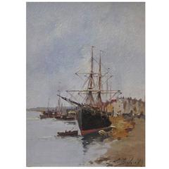 Eugène Galien-Laloue Ship in the Harbor, circa 1910, Gouache on Board, Signed