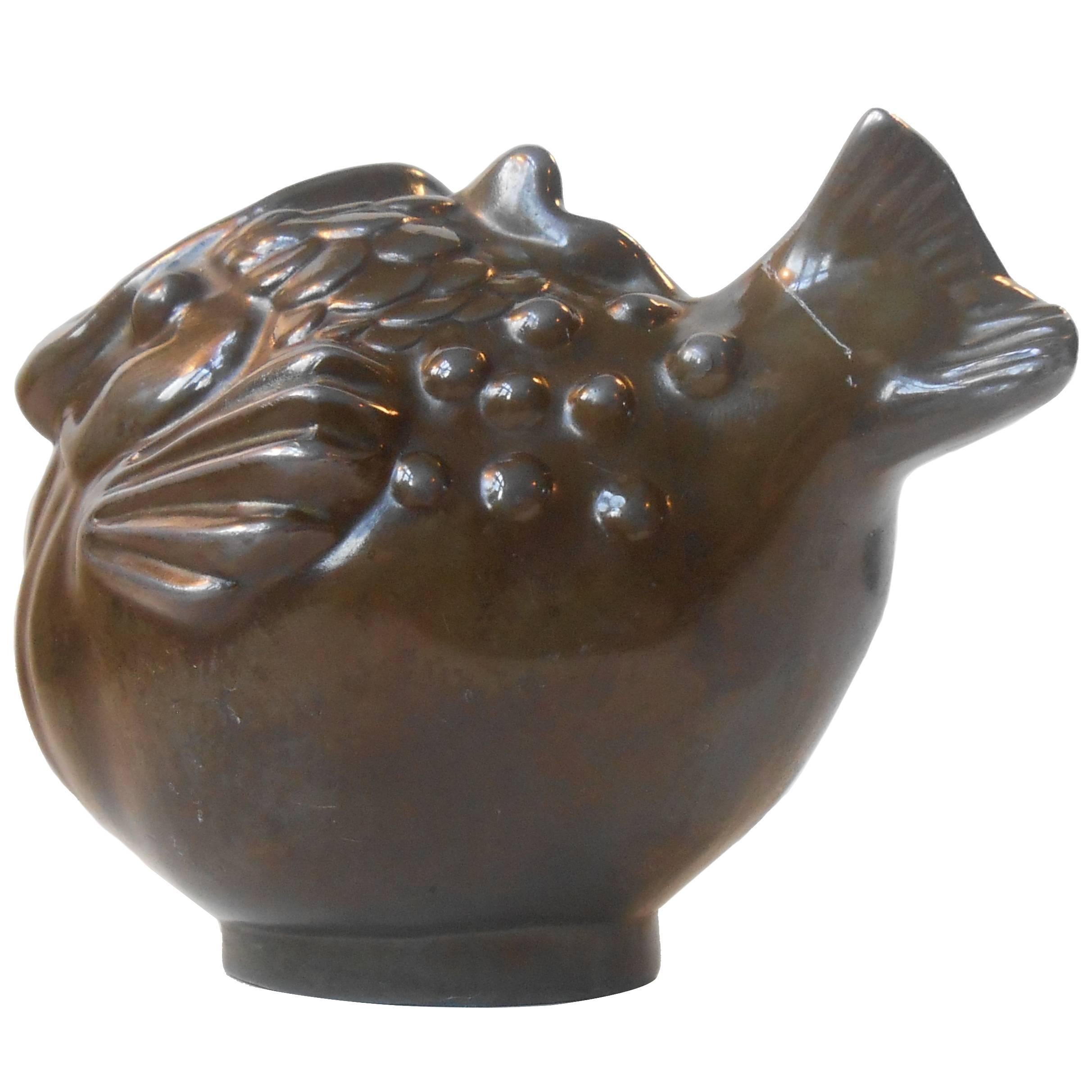 Chubby Patinated Disko Metal Fish Vase by Just Andersen, Denmark, 1930s