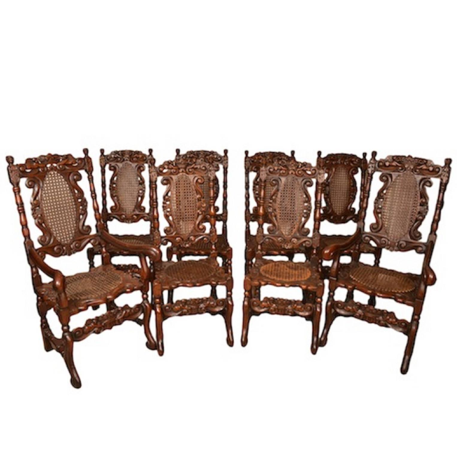 Vintage Set of Eight Carolean Style Oak Dining Chairs
