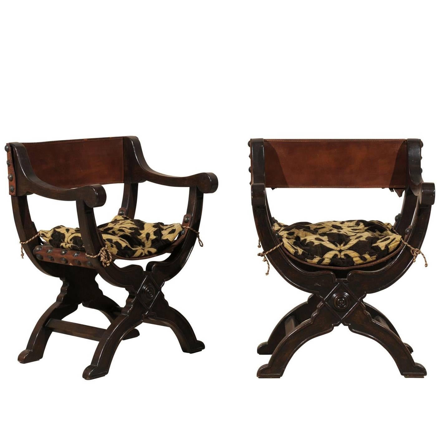 Pair of Italian "Dante" Style Wooden Chairs with Leather Back and Seat