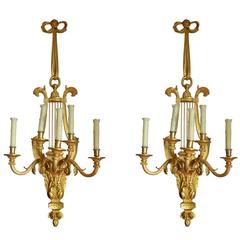 Pair of Large French Gilt Bronze Five-Arm Louis XVI Style Wall Sconces
