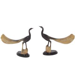 Vintage Pair of Carved and Polished Steer Horn Birds
