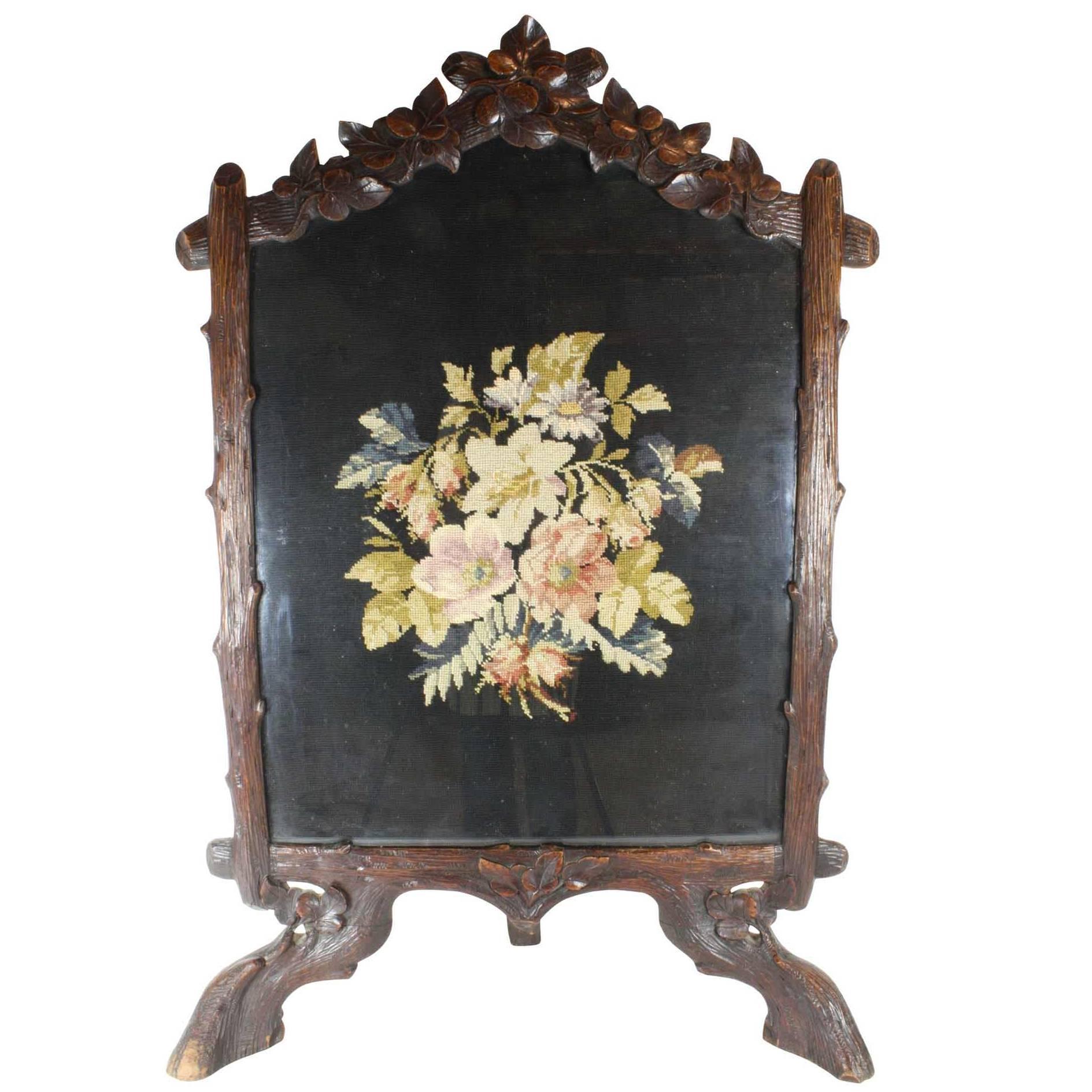 Late 19th Century Black Forest Fireplace Screen with 20th Century Needlepoint