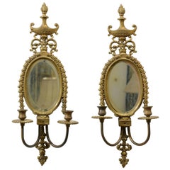 Vintage Pair of Early 20th Century Gilded Sconces with Oval Shape and Beveled Mirror