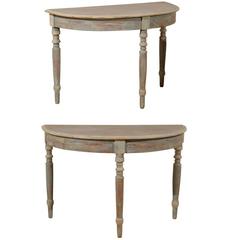 Pair of Swedish 19th Century Painted Wood Demilune Tables, Light Blue-Green