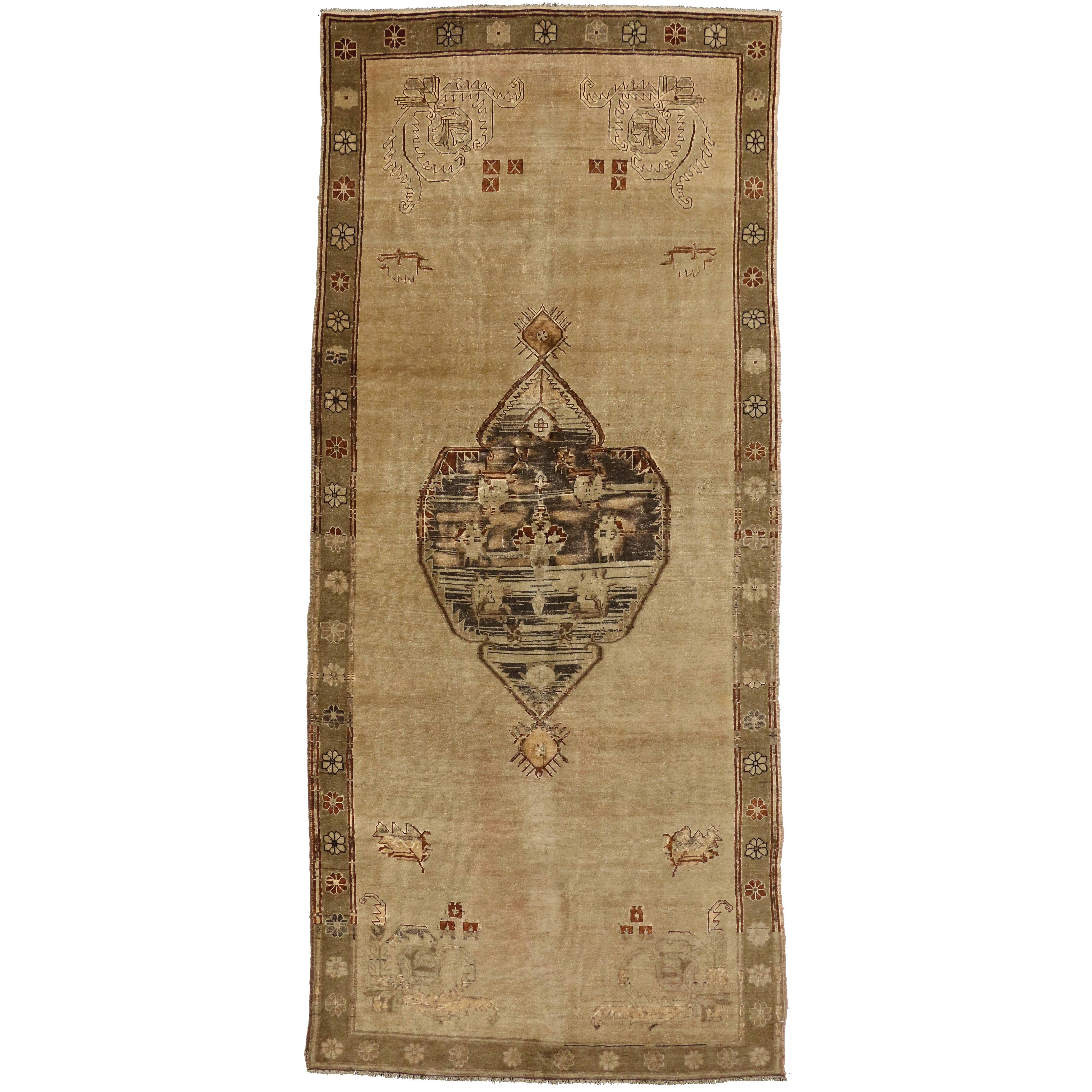 Vintage Turkish Oushak Gallery Rug, Wide Hallway Runner with Modern Style For Sale