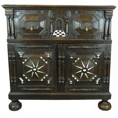 Large Antique 17th Century Carved and Bone Inlaid Walnut Cupboard