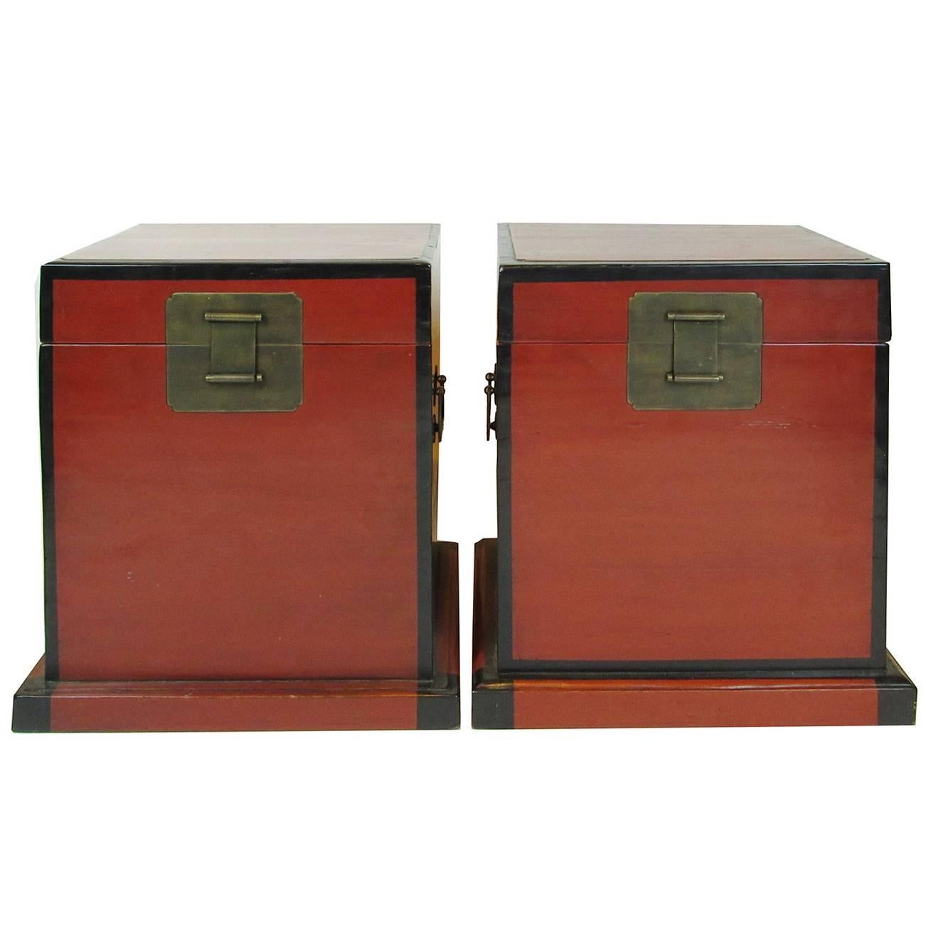 Large Pair of 19th Century Red Lacquer Storage Chests, Probably Japanese For Sale