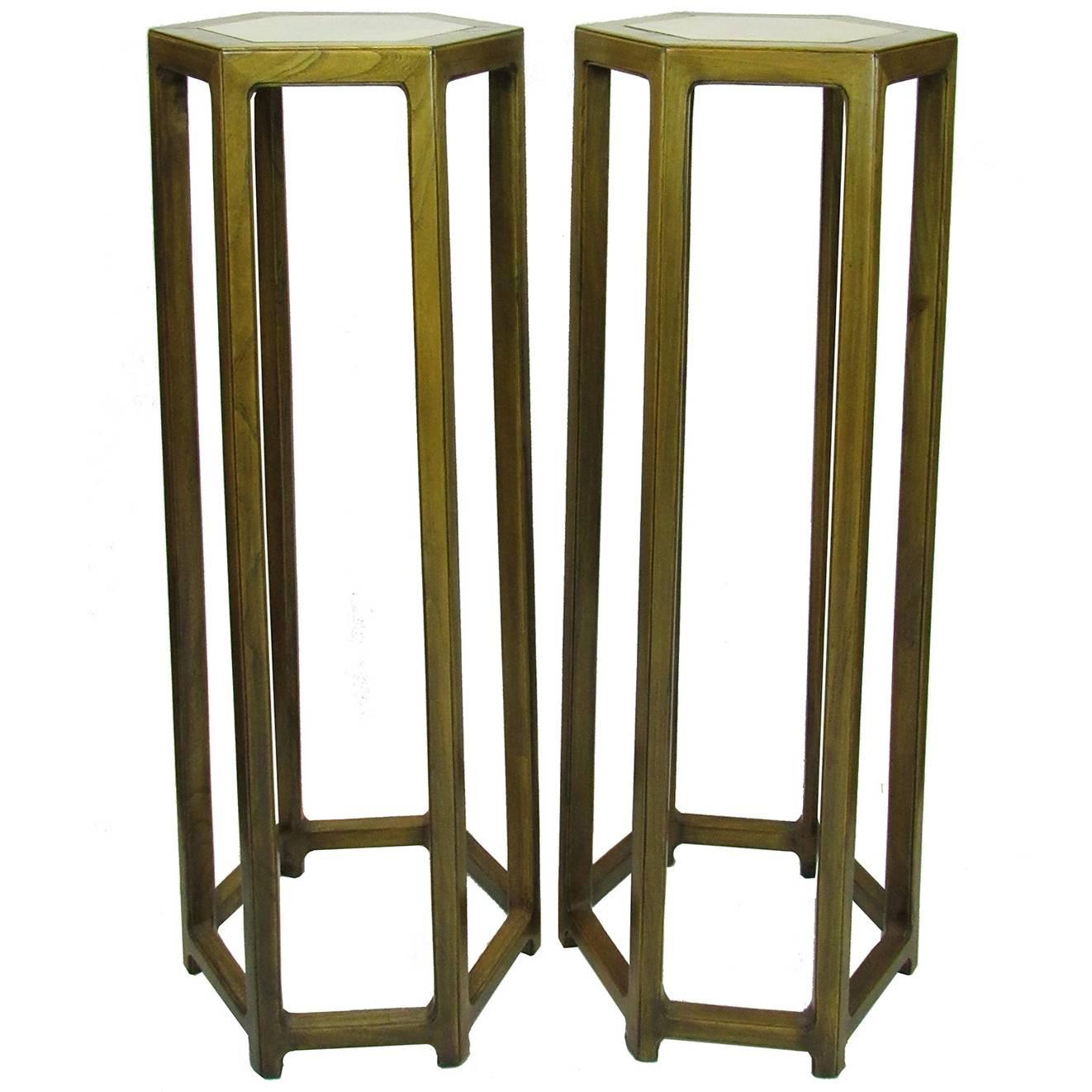 Pair of Tall Antique Chinese Hexagonal Stand with Inset Marble Tops For Sale