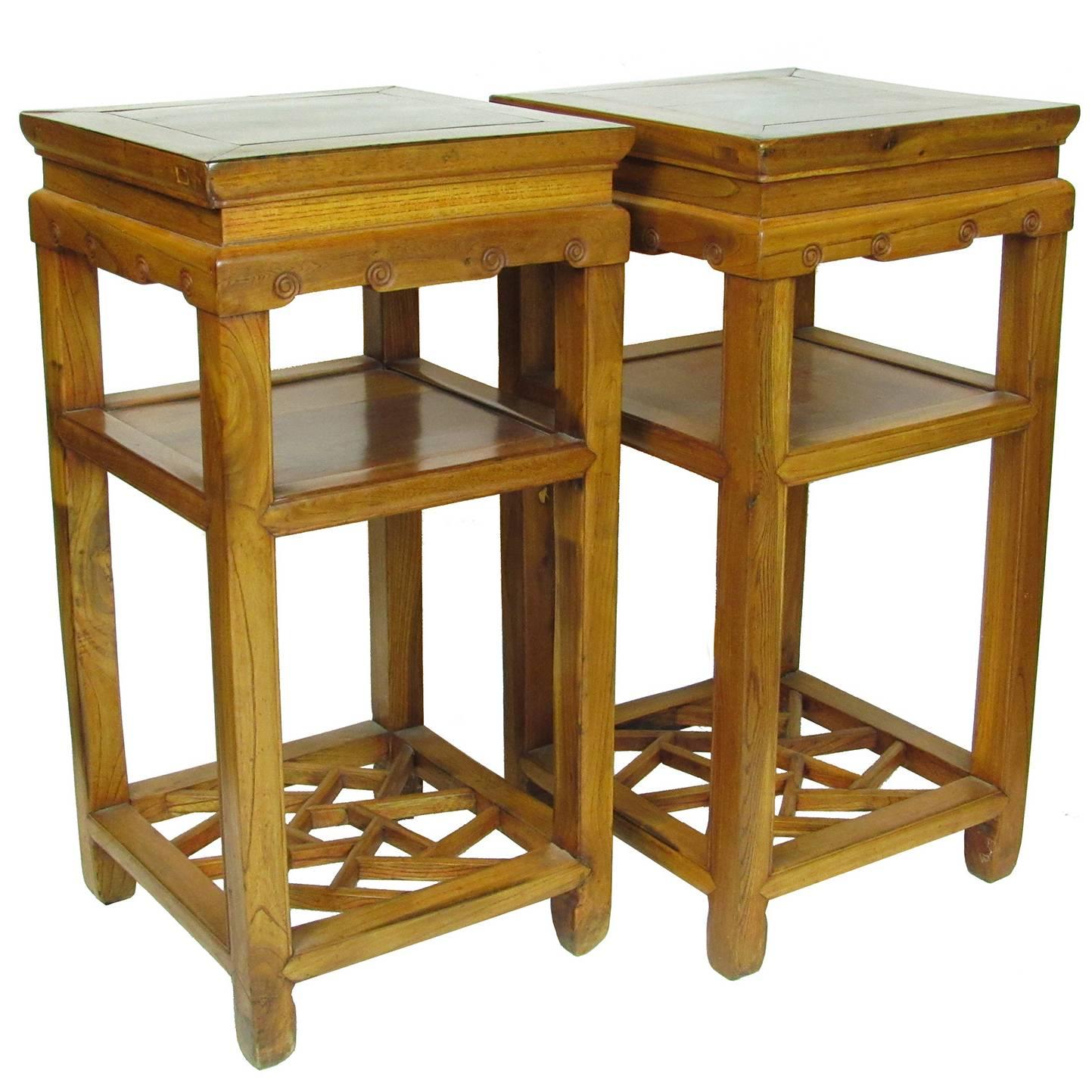 Pair of 19th Century Chinese Carved Elmwood (Jumu) Side Table, Stands For Sale
