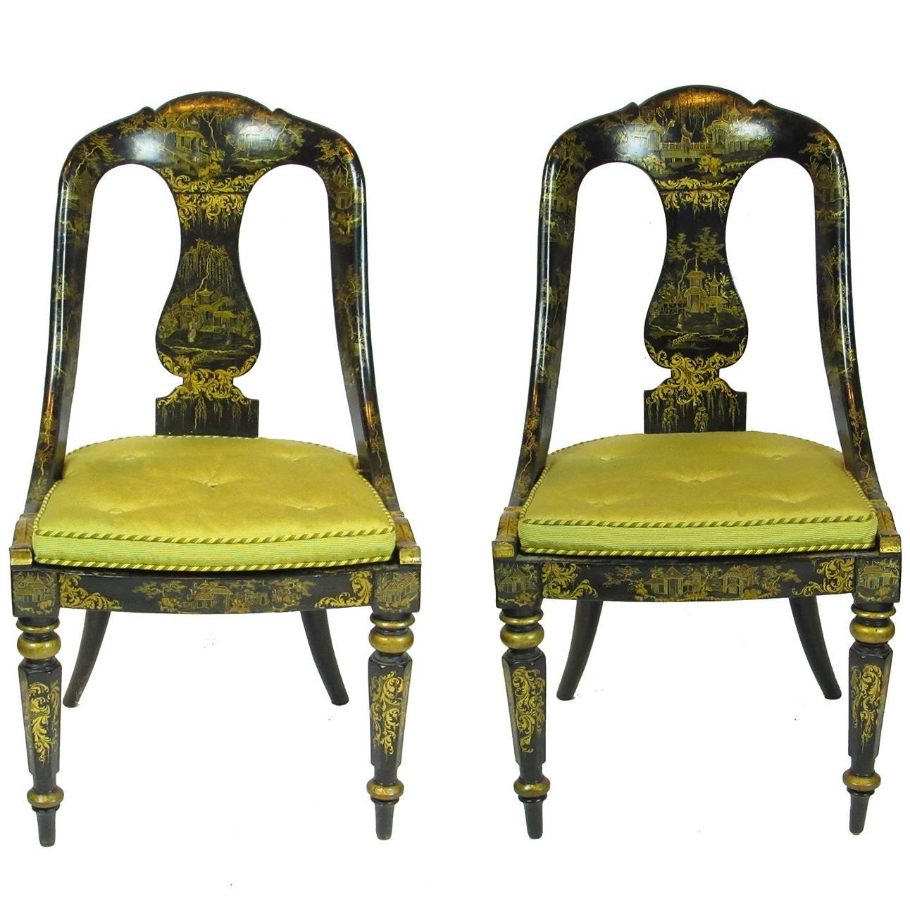 Pair of Regency Japanned and Gilt Decorated Cane Seat Chairs