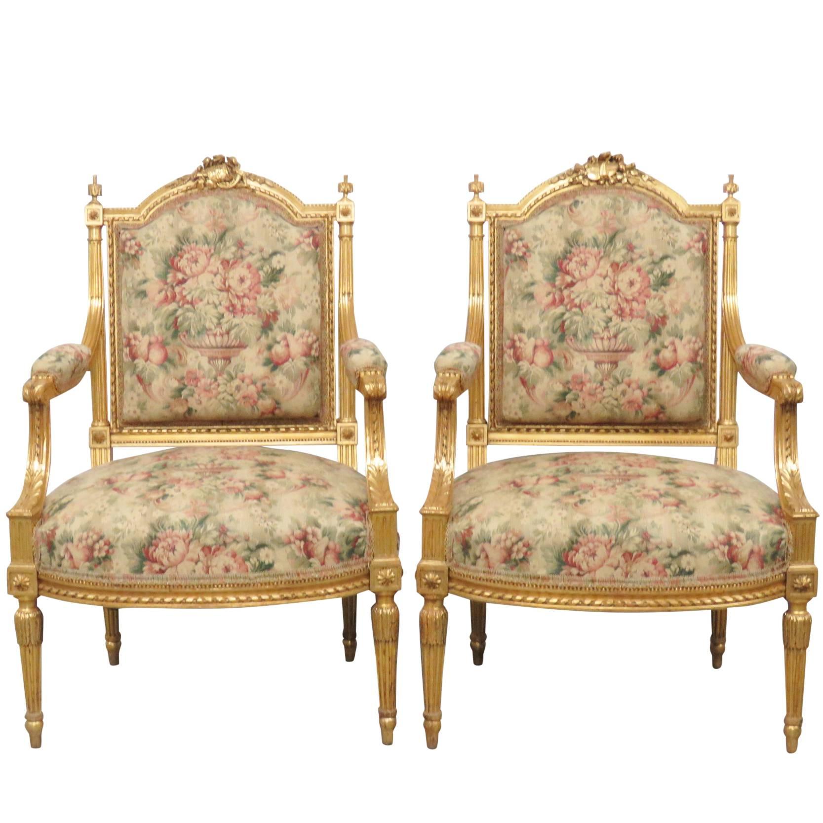 Pair of Louis XVI Style Gilt Painted Fauteuils