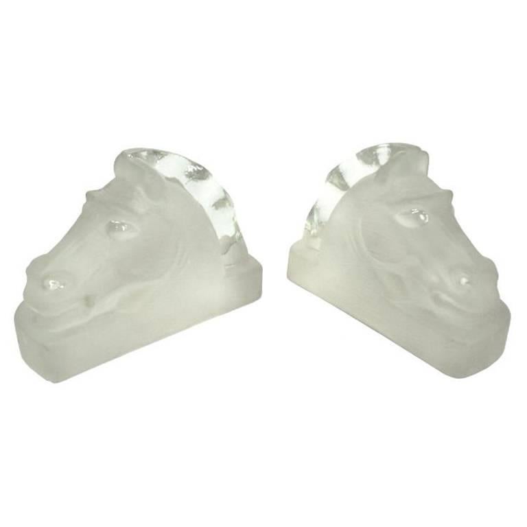 Cast Glass Lalique Mascot Style Art Deco Horse Head Bookends