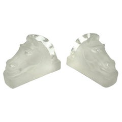 Retro Cast Glass Lalique Mascot Style Art Deco Horse Head Bookends