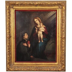 Spanish Religious Oil on Zinc Painting, Virgin and Child with Saint