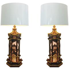 Pair of Chinoiserie Gold Lamps in the Style of James Mont