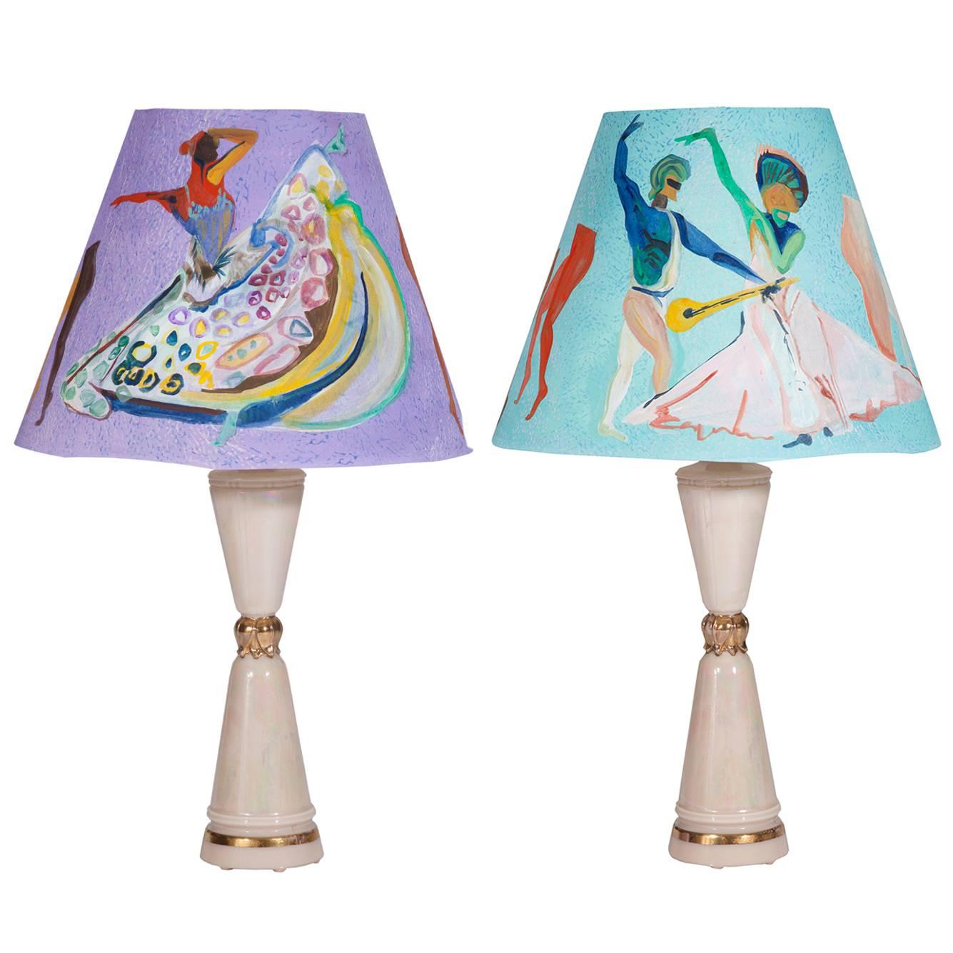 1970s Iridescent Table Lamps with Custom Voutsa Ballets Russes Shades, Pair