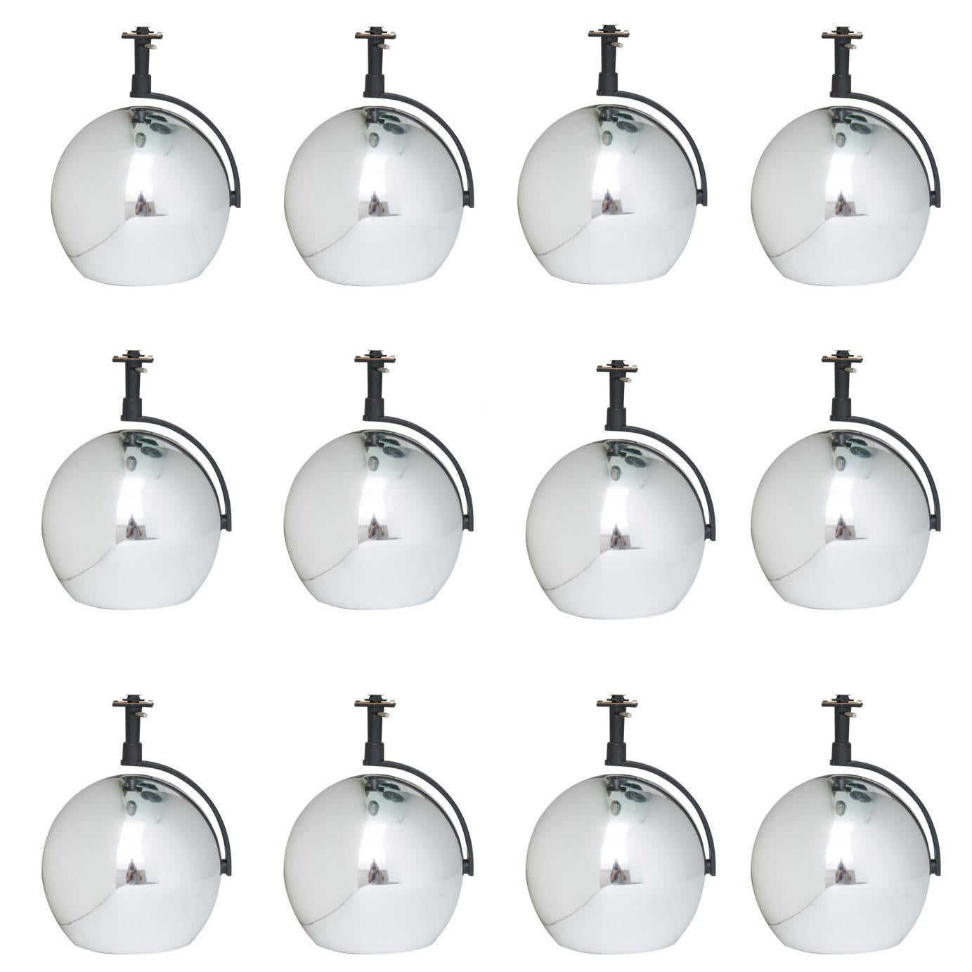 Set of 12 Vintage Lightolier Orb Eyeball Chrome Track Lighting Fixtures