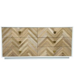 Mid-Century Style White Amalfi Dresser w/ Chevron Walnut Front & Lucite Pulls