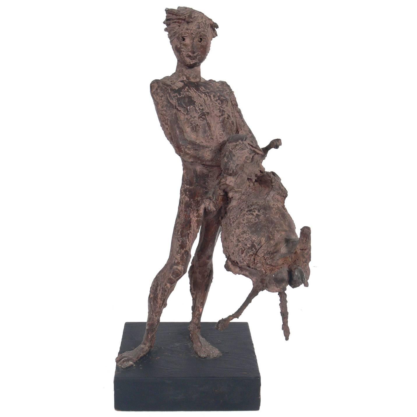 Italian Modernist Sculpture of Playful Nude Boy with Lamb