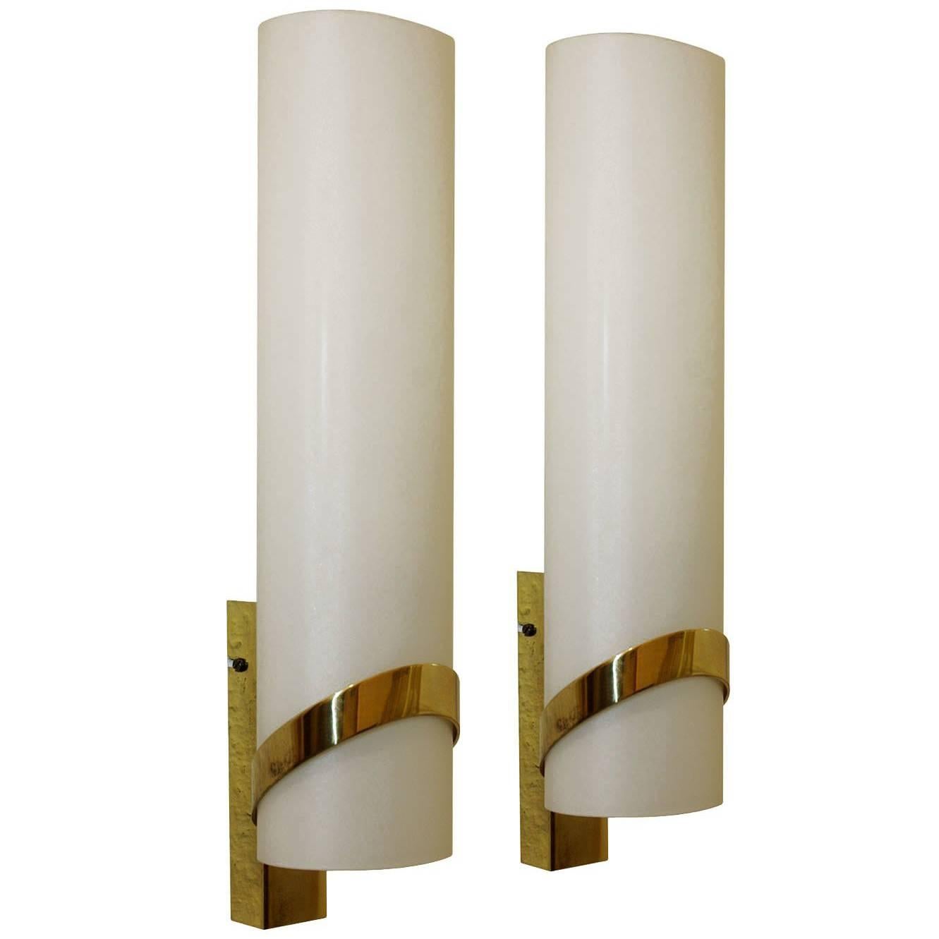 Pair of Large White Glass and Brass Stilnovo Wall Lights Sconces, Italy, 1950s