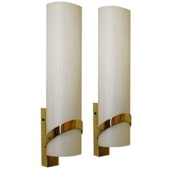 Pair of Large White Glass and Brass Stilnovo Wall Lights Sconces, Italy, 1950s 8