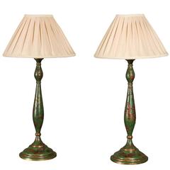 Pair of Emerald Green and Gilt Chinoiserie Candlestick Lamps