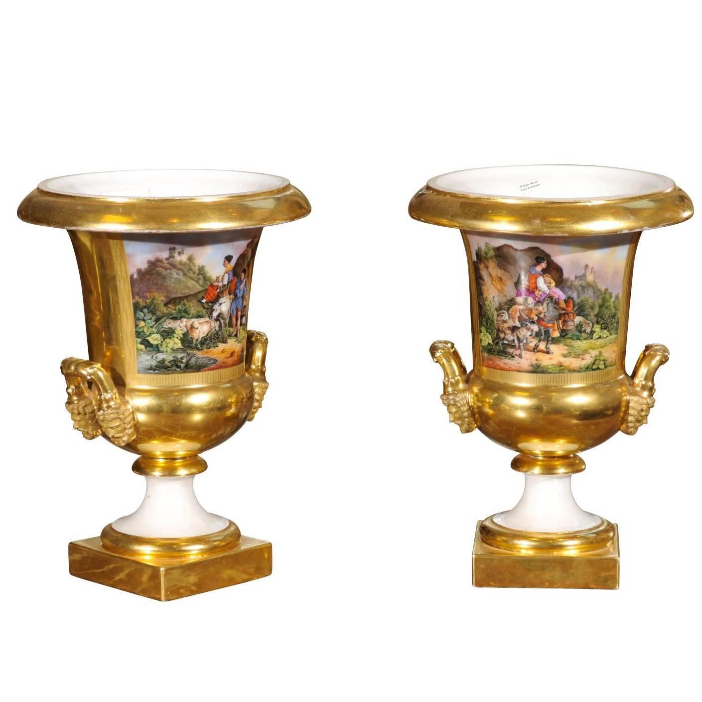 Pair of 19th Century French Paris Porcelain Urns with Painted Scenes & Handles