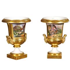 Pair of 19th Century French Paris Porcelain Urns with Painted Scenes & Handles 10