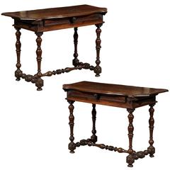 Antique Pair of N. Italian 18th Century Walnut Consoles with Drawers and Shaped Tops