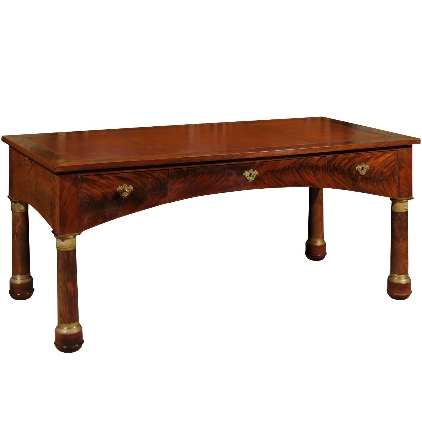 Large Empire French Writing Desk with Embossed Brown Leather Top & Column Legs For Sale