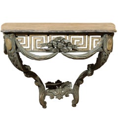 Console peinte en polychrome avec frise de clés grecques percées et plateau en marbre gris