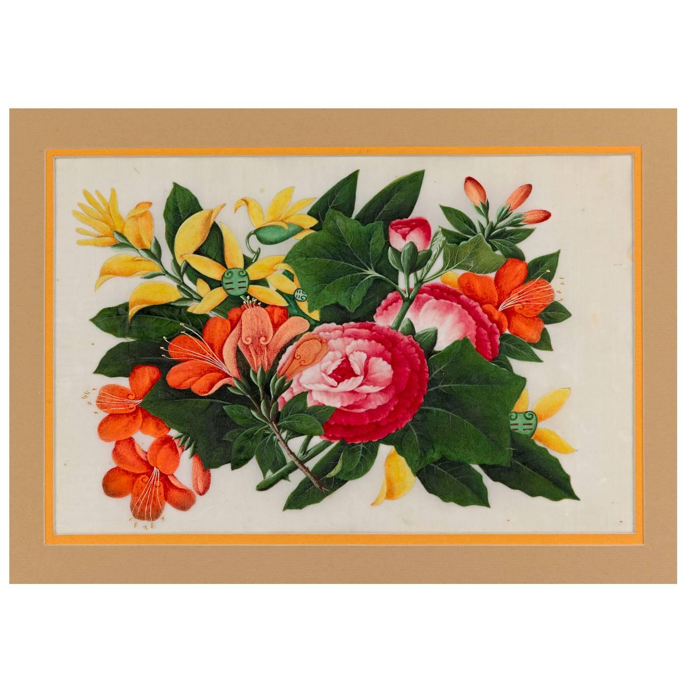 19th Century Beautiful Still Life with Flowers Attributed to Tingqua For Sale