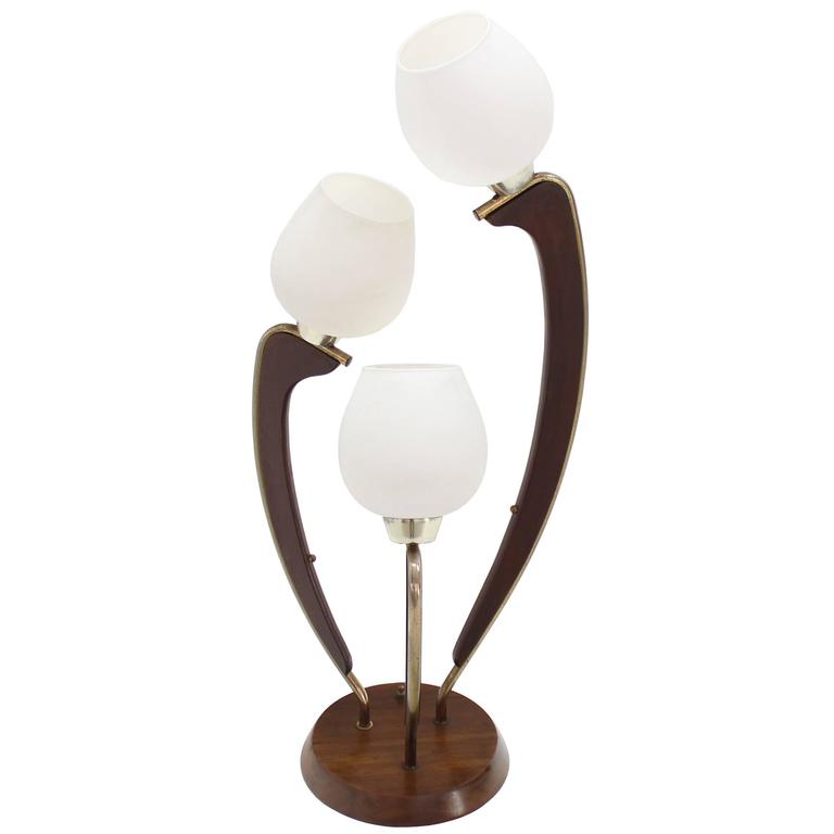 Mid Century Modern Walnut Brass And Glass Three Shades Table Lamp
