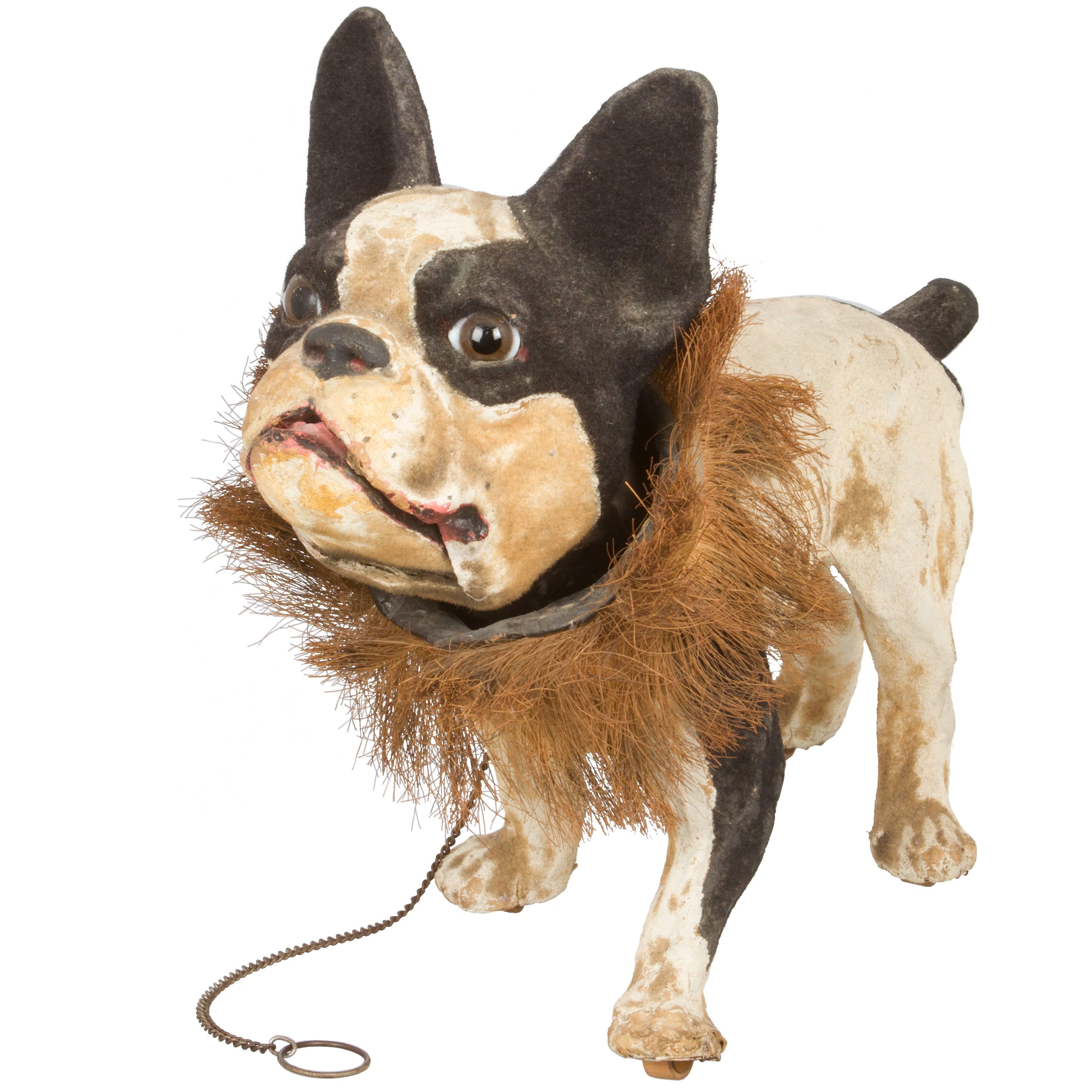 French Papier Mâché "Growler" Bulldog Pull Toy