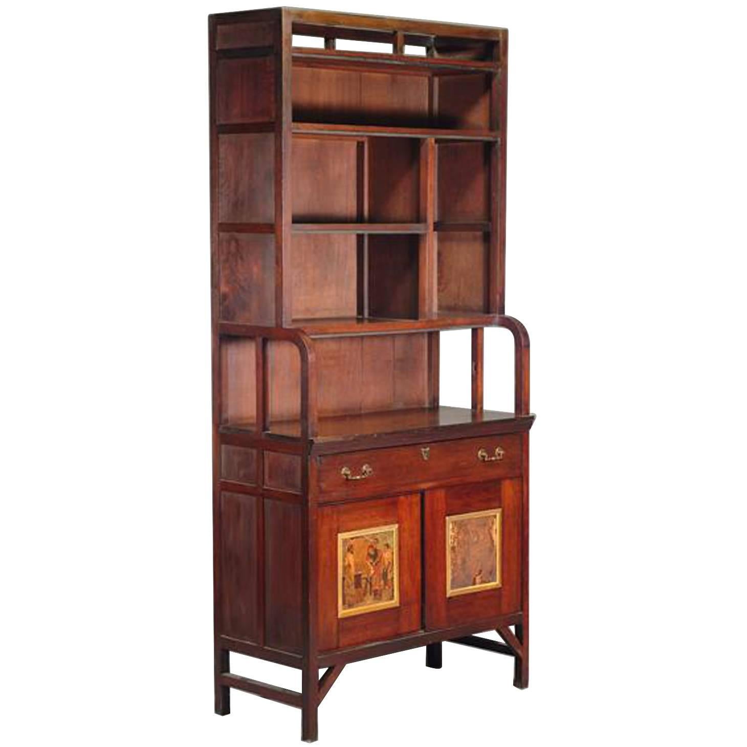 E W Godwin An Important Anglo-Japanese Bookcase Painted by Henry Stacy Marks For Sale