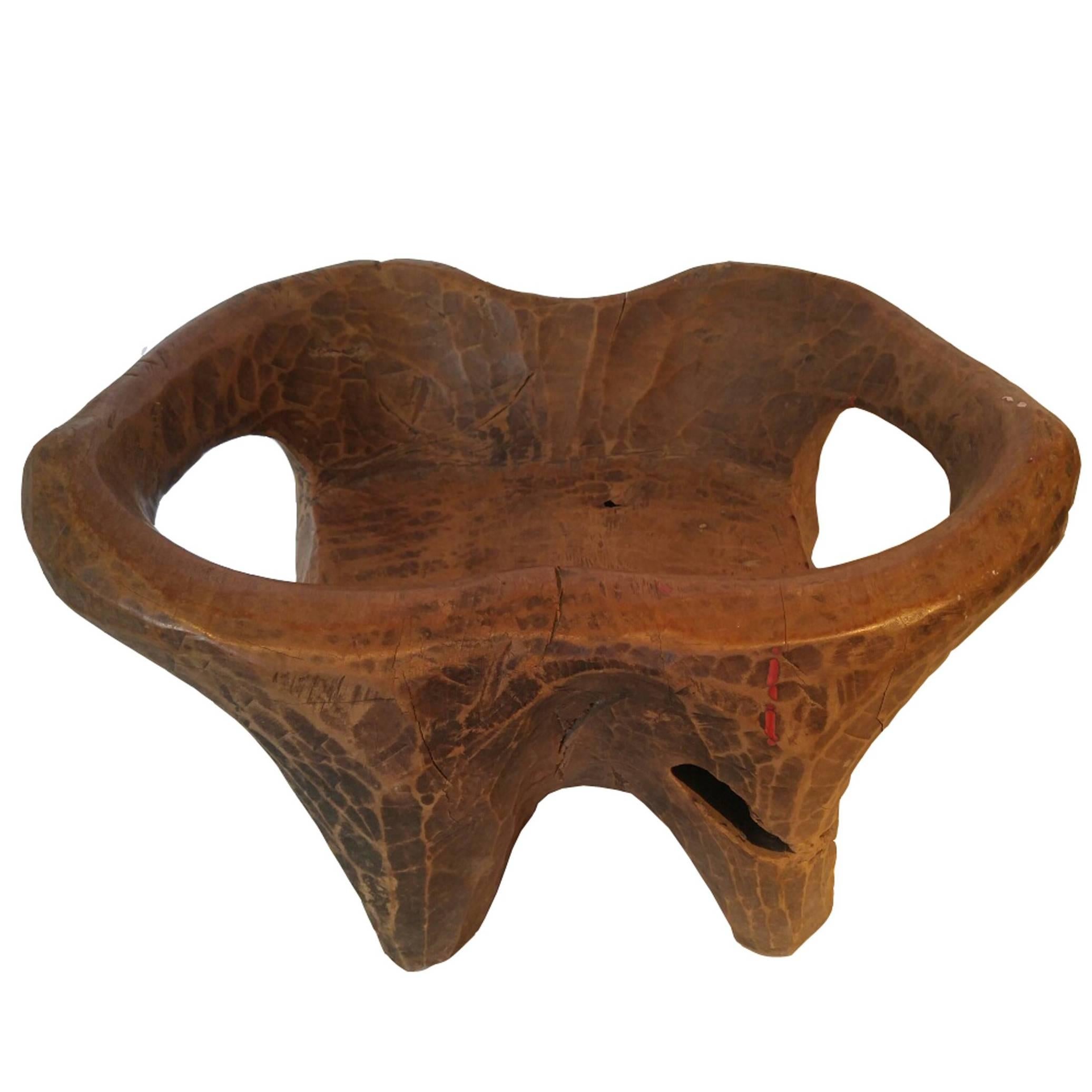 Hand-Carved Teak Stool, Low Table or Stand with Curved Arms For Sale