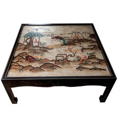Square Chinoiserie Cocktail Table with Painted Asian Scenes Depicted on Top