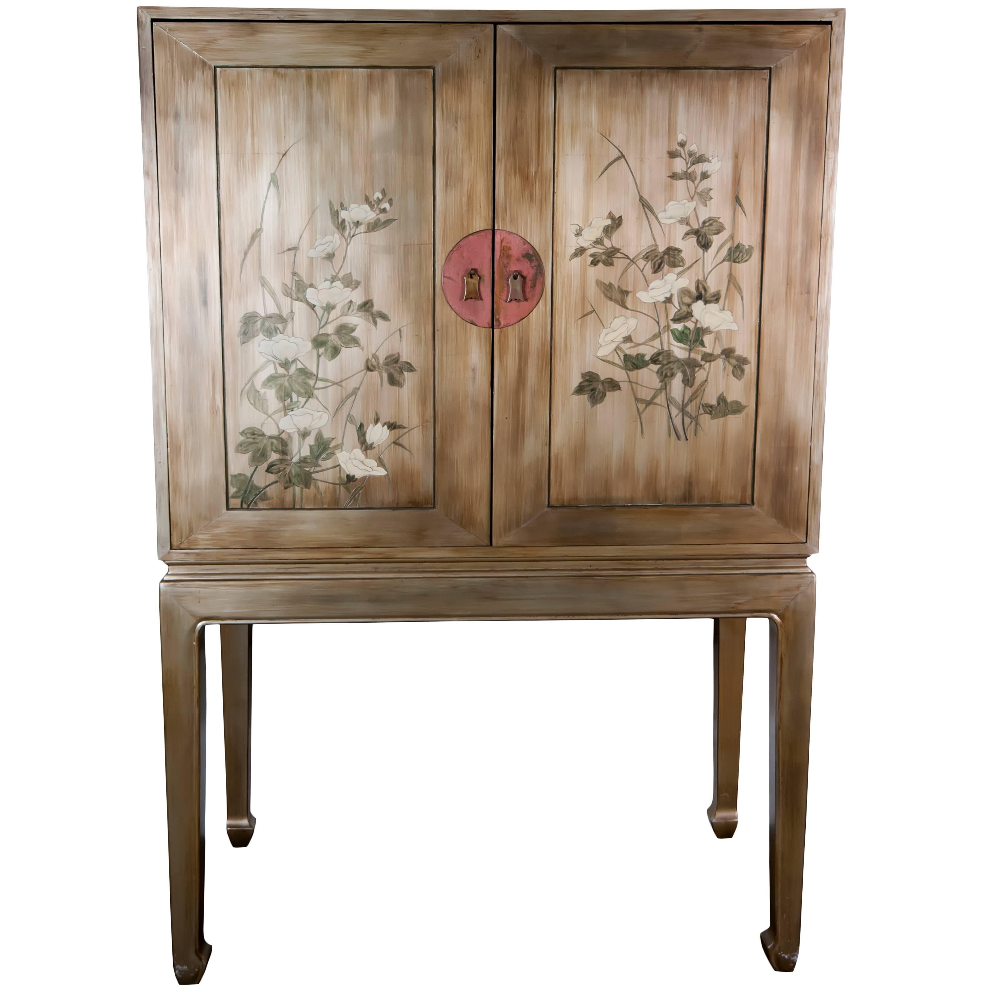 Max Khune Style Silvered Gold Cabinet with Asian Floral Painting