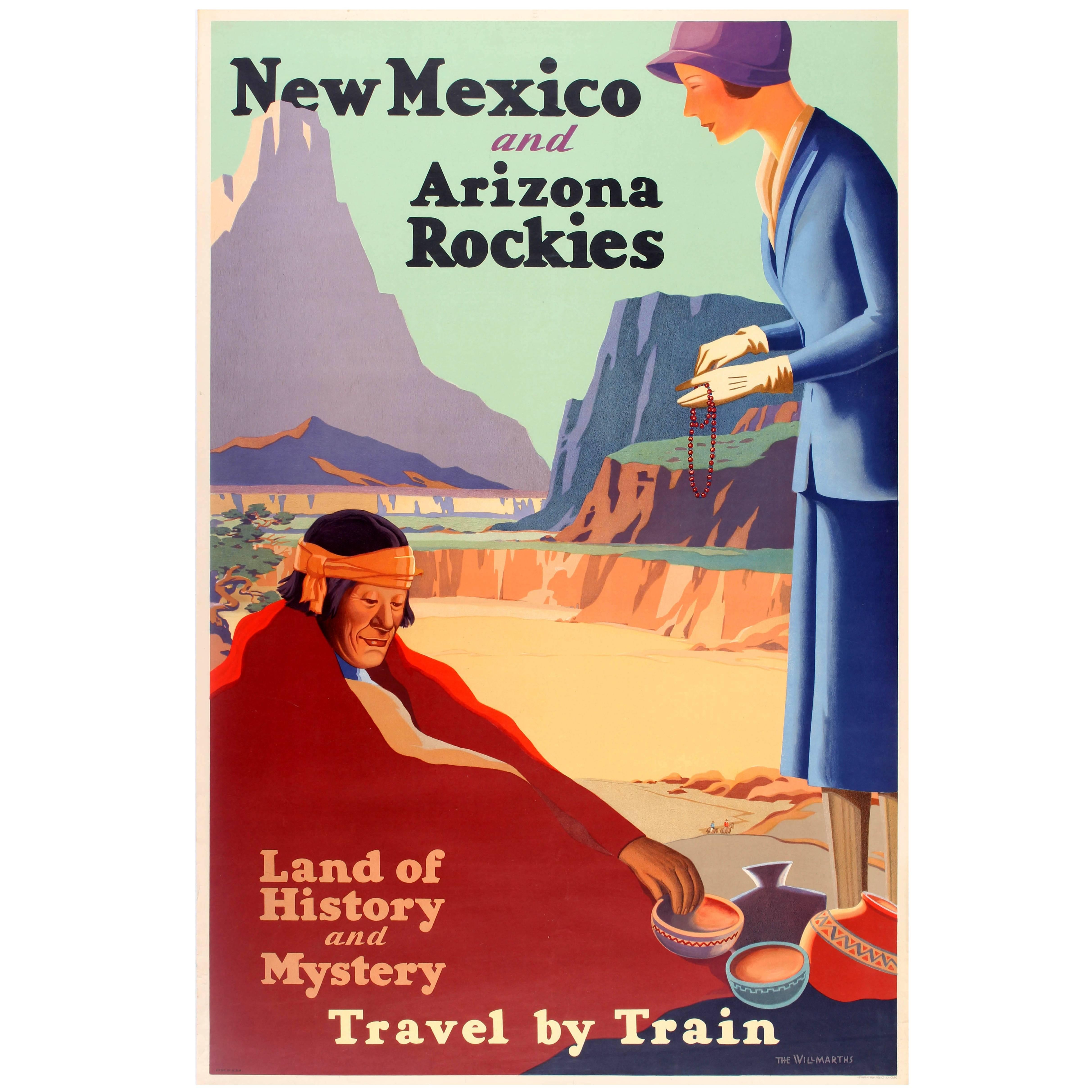 Affiche de voyage originale des années 1920 publicitaire du Nouveau-Mexique et des Rocheuses d'Arizona en train