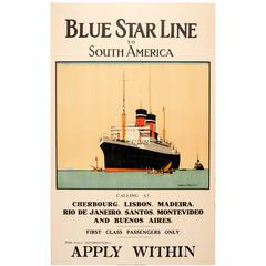 Affiche originale de bateau de croisière par Norman Wilkinson : Blue Star Line vers l'Amérique du Sud