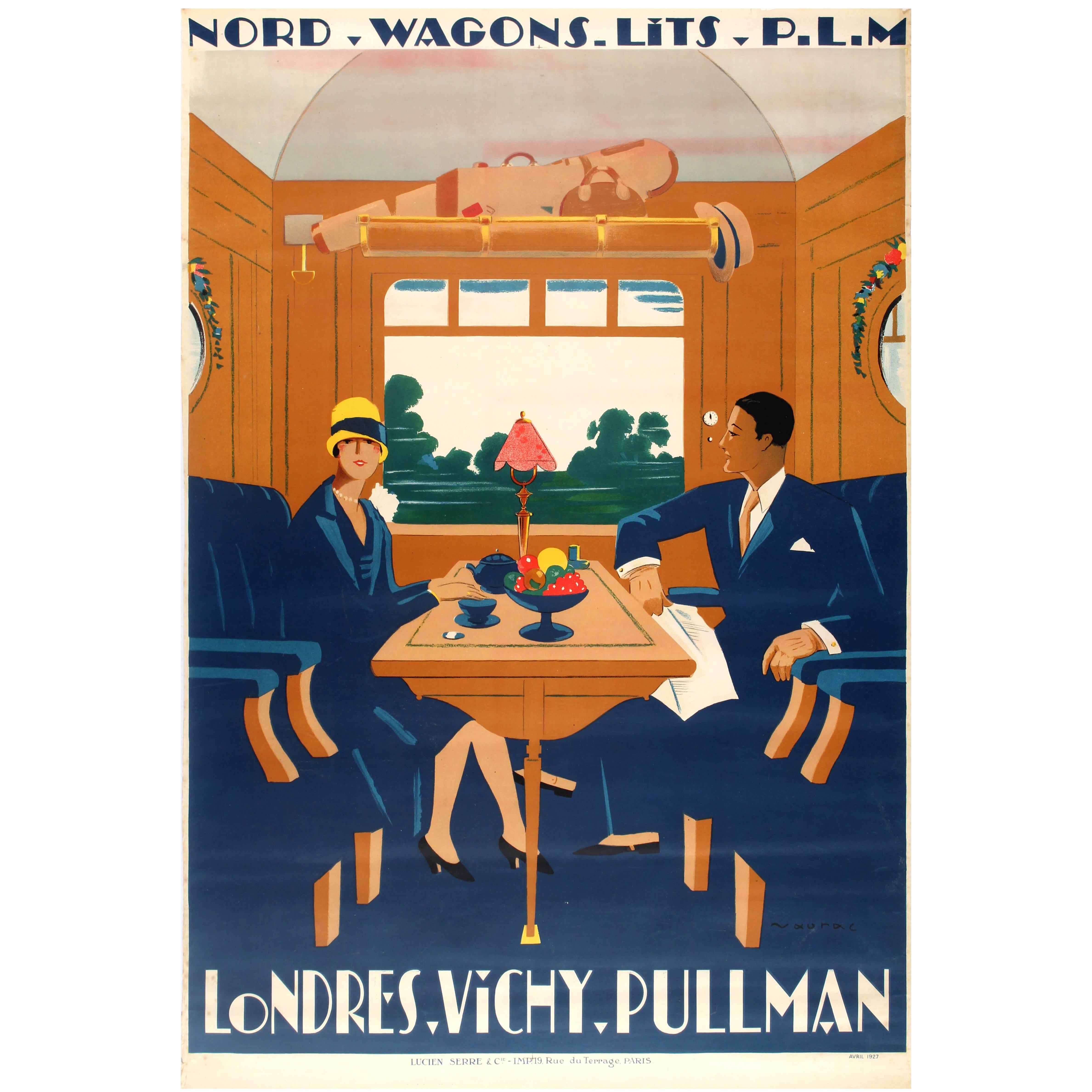 Original PLM French Railway Travel Poster for Wagons Lits ‘London Vichy Pullman’