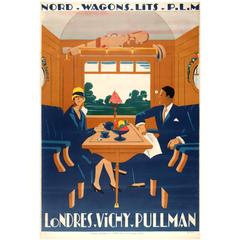 Antique Original PLM French Railway Travel Poster for Wagons Lits ‘London Vichy Pullman’