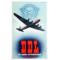 Original Advertising Poster for Danish Air Lines DDL Det Danske Luftfartselskab