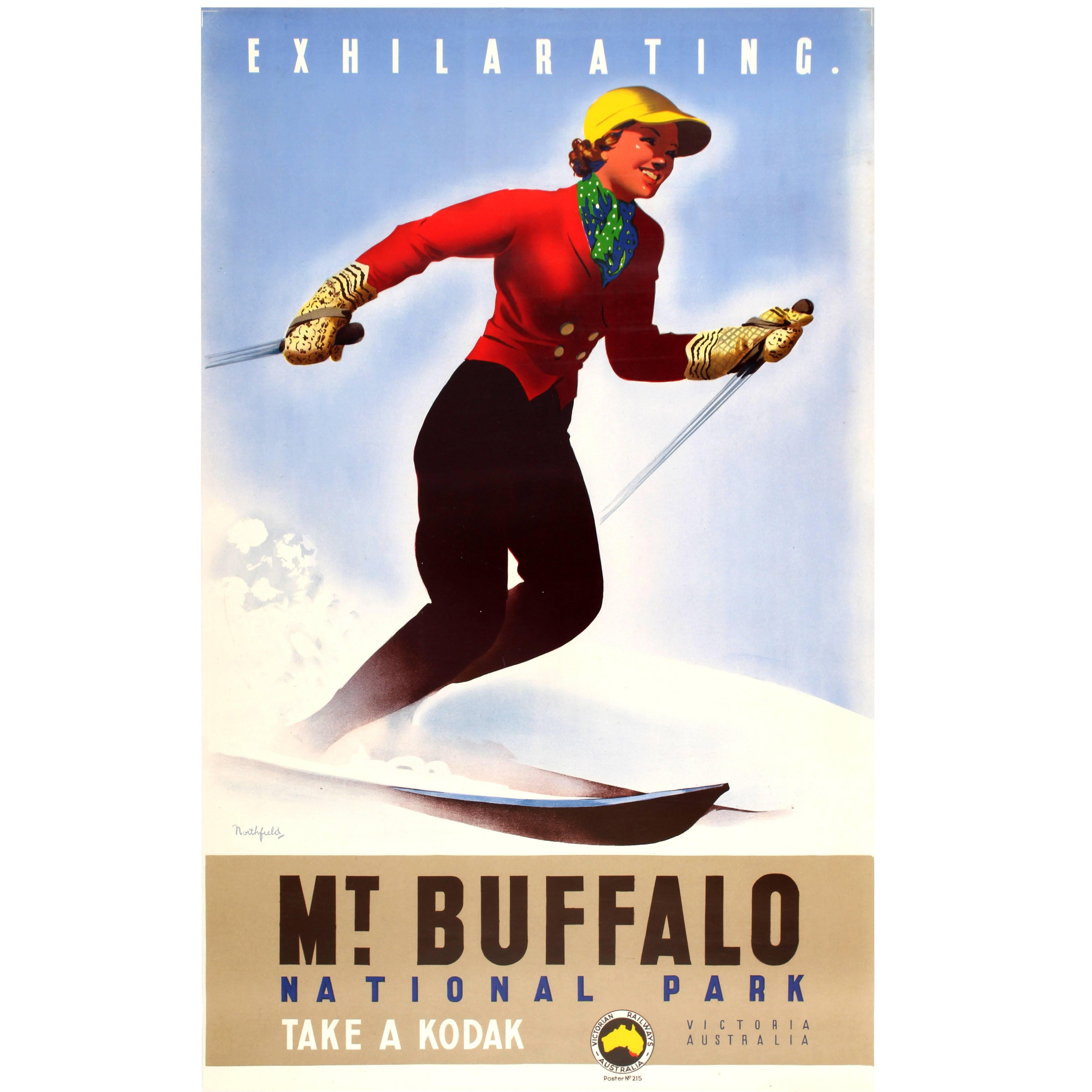 Original Victorian Railways Australia Ski Poster for Mount Buffalo National Park