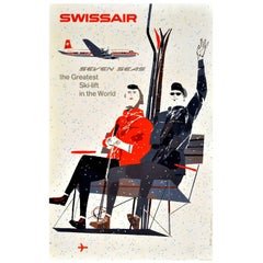 Original Vintage Swissair Poster "Seven Seas the Greatest Ski Lift in the World"