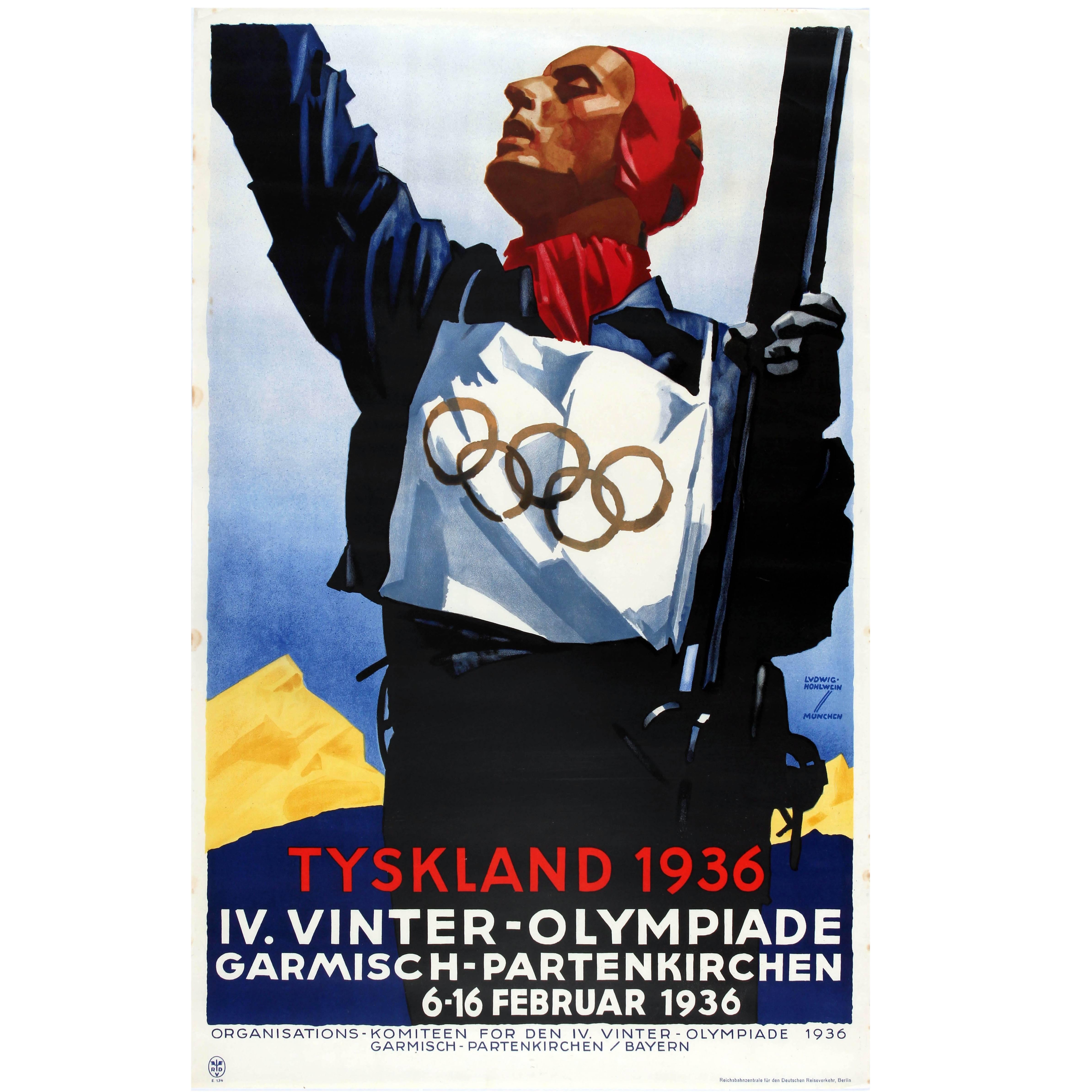 Original Vintage Winter Olympic Games Sport Skiing Poster Tyskland 1936 Germany