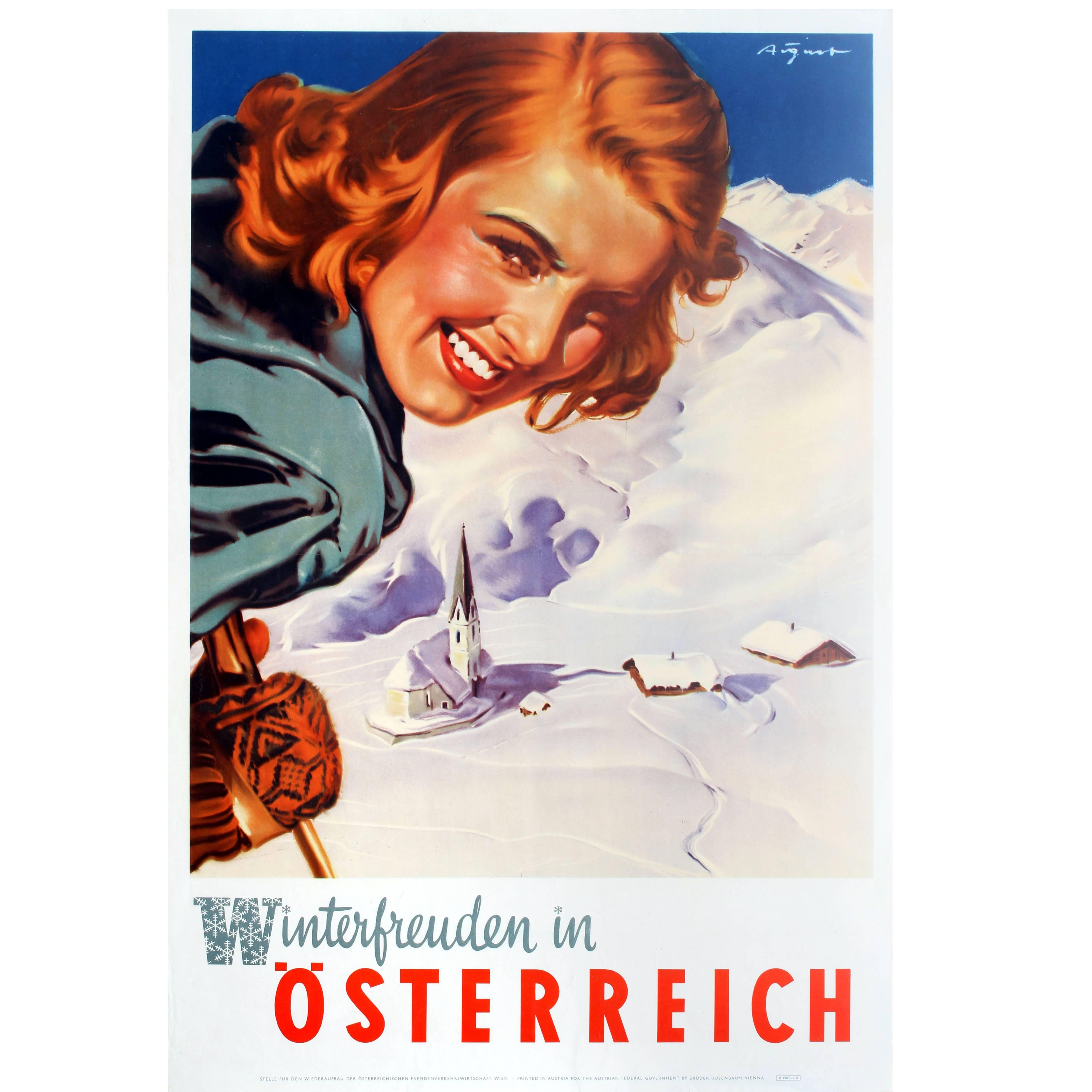 Original Vintage Skiing Poster by Aigner Winter Pleasures in Austria Osterreich
